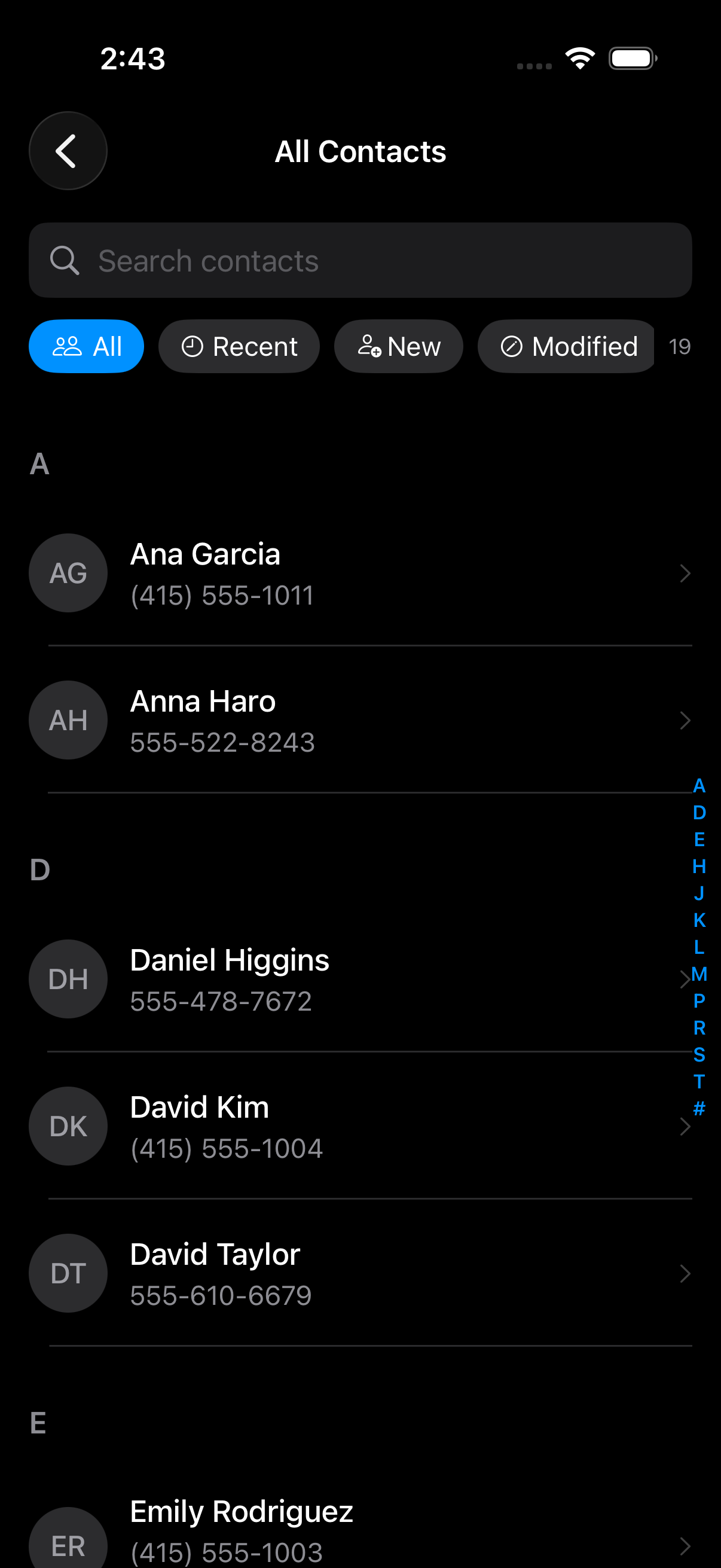 All contacts list with search bar and filter chips