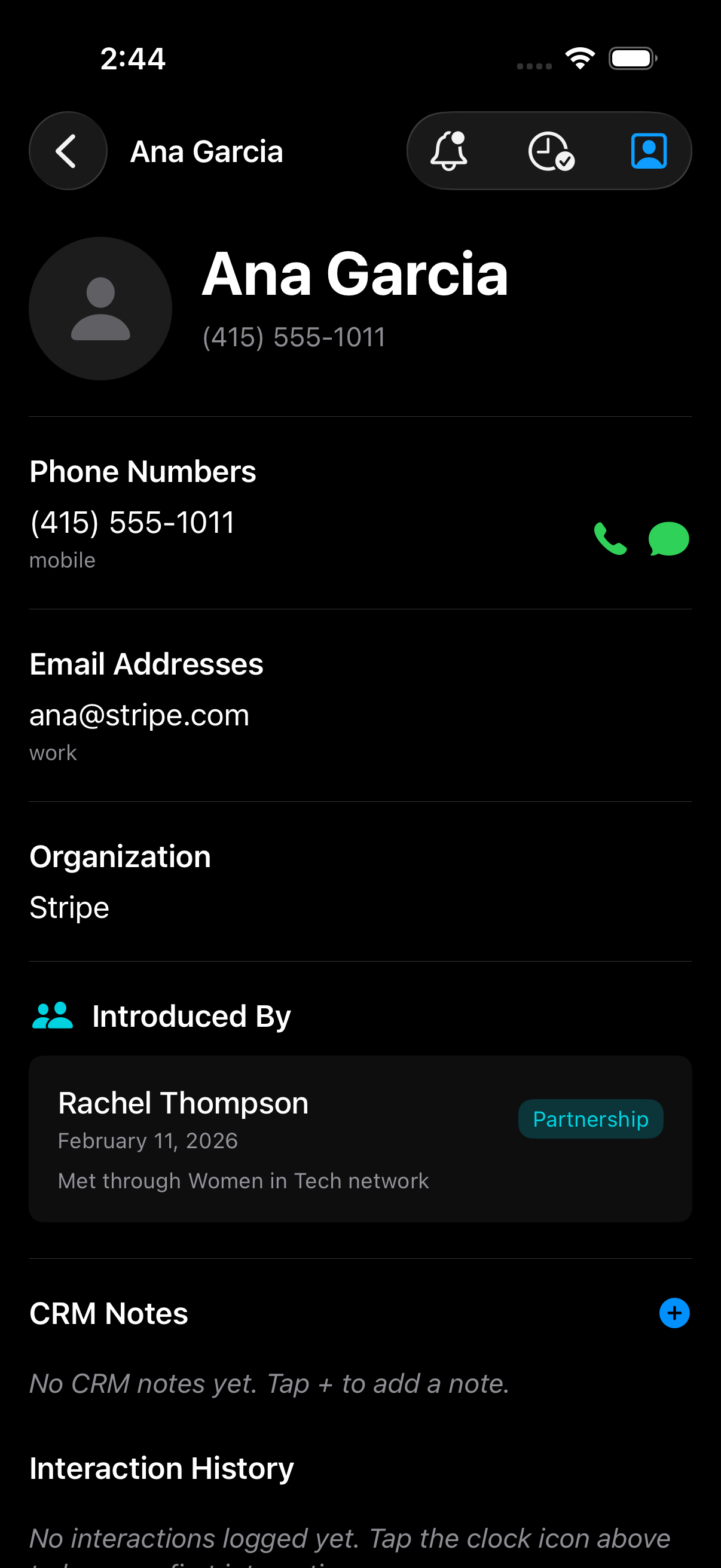Contact detail view showing phone, email, CRM notes, and interaction history