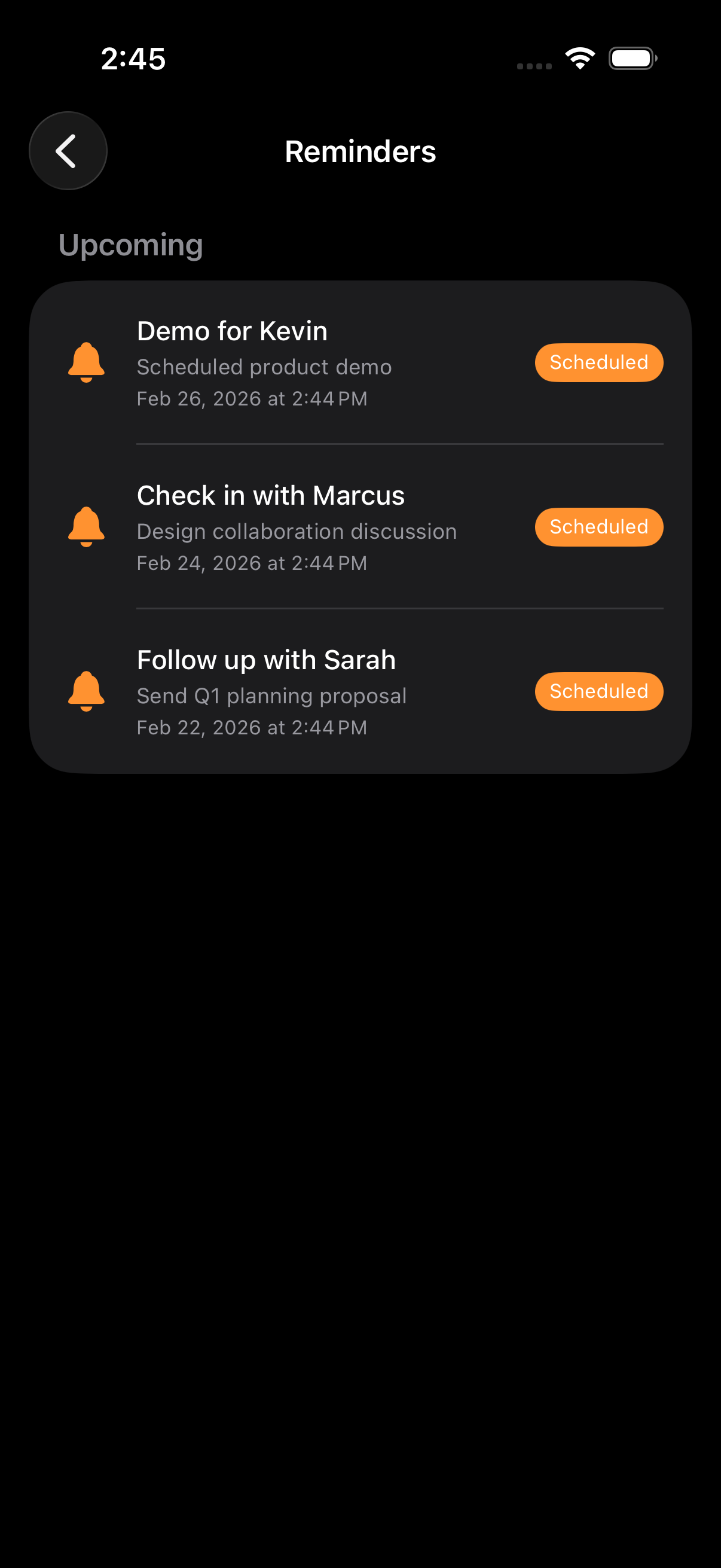 Reminders list with scheduled follow-ups