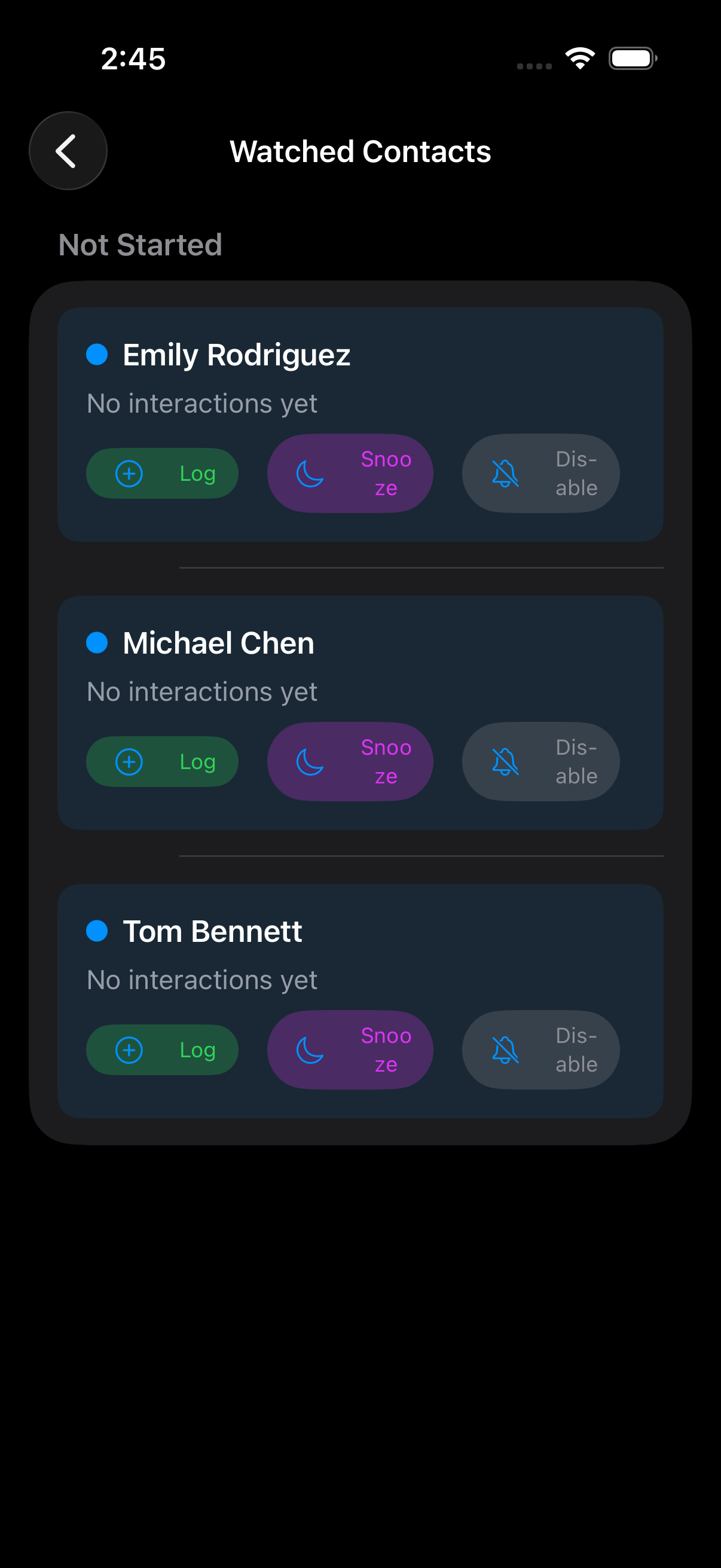 Watched contacts showing relationship health and drift detection