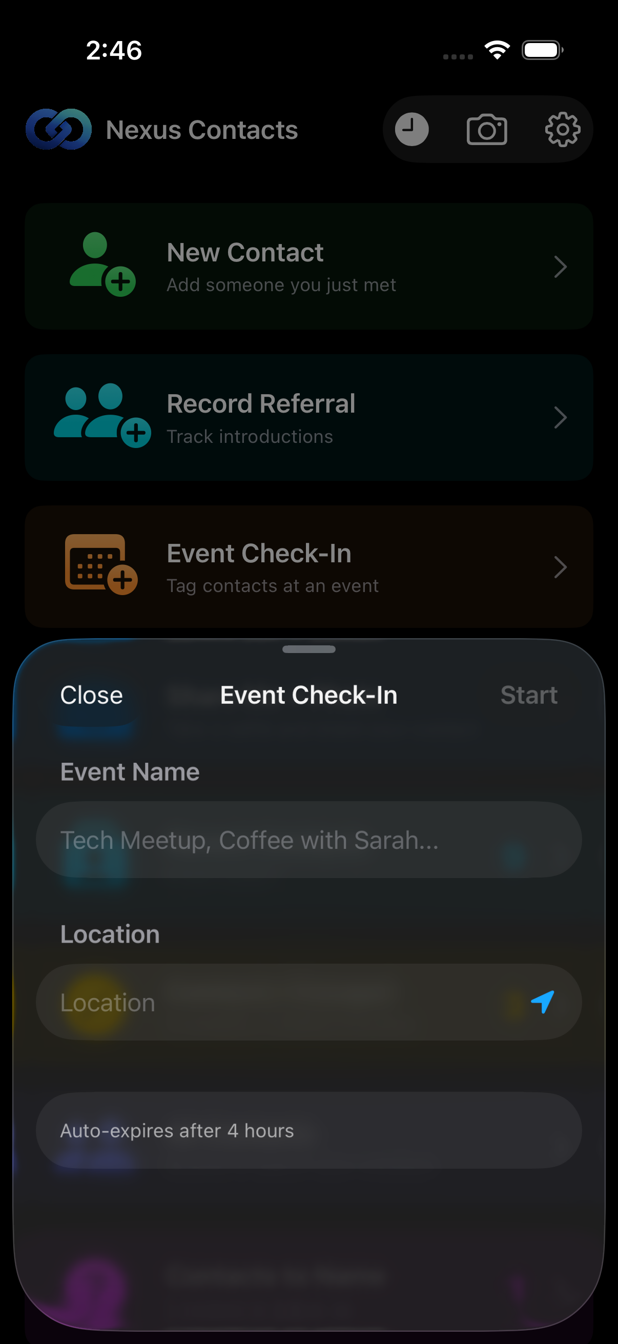 Event check-in sheet with calendar event suggestions