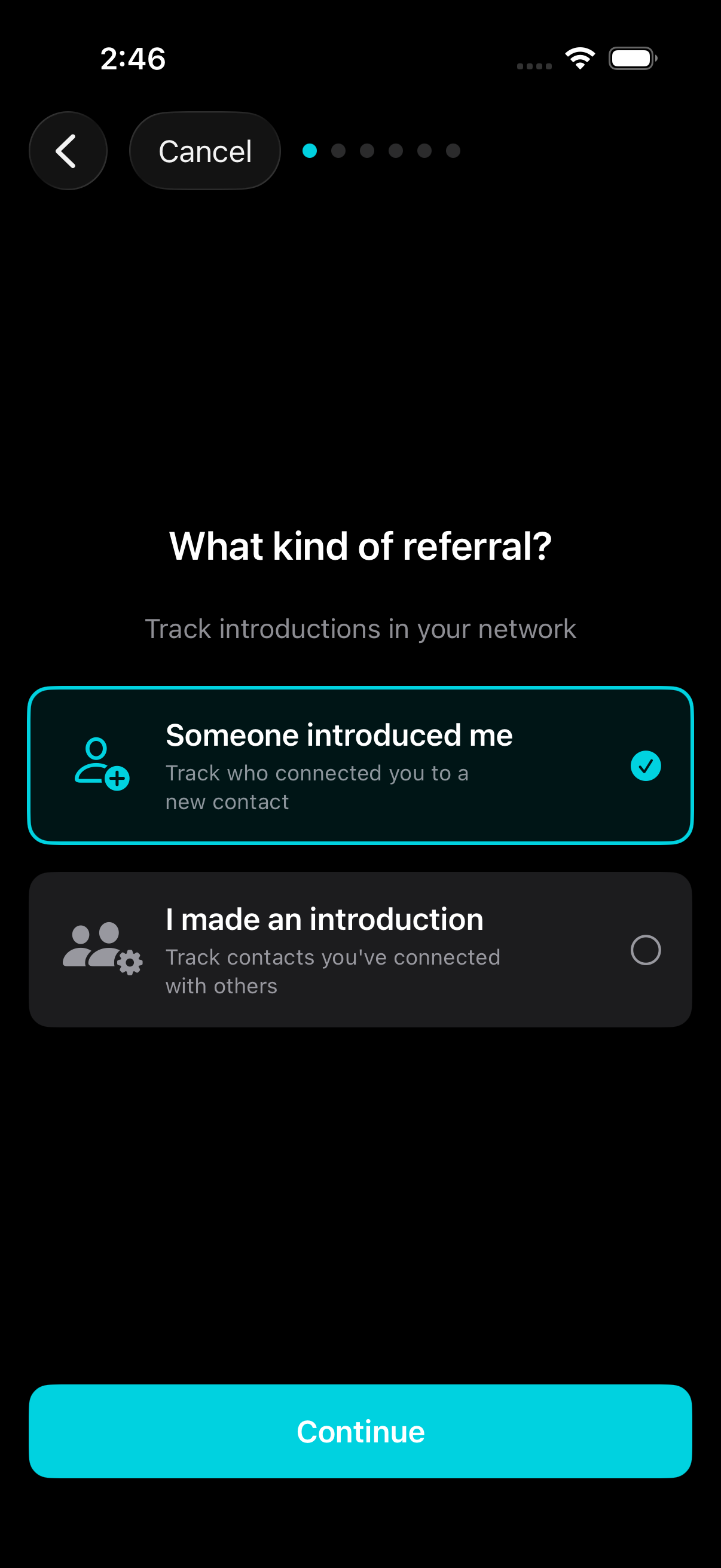 Choose referral direction — someone introduced me or I made an introduction