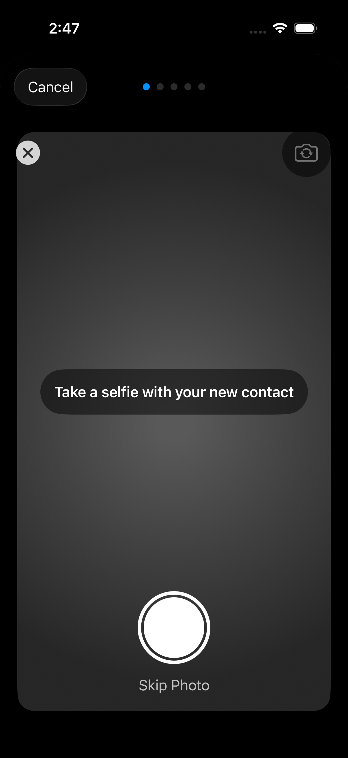 Camera viewfinder for capturing a selfie with your new contact