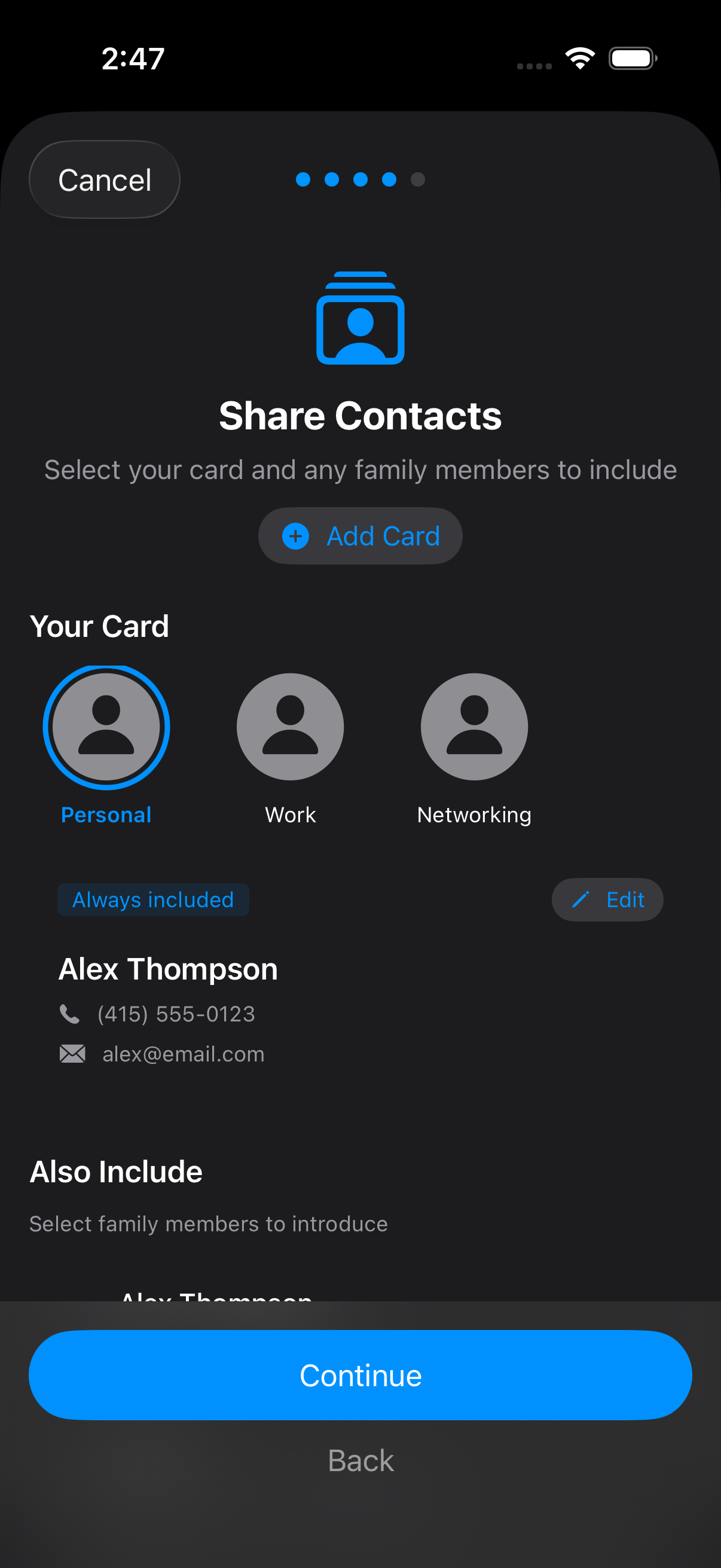 Selecting which share card persona to send