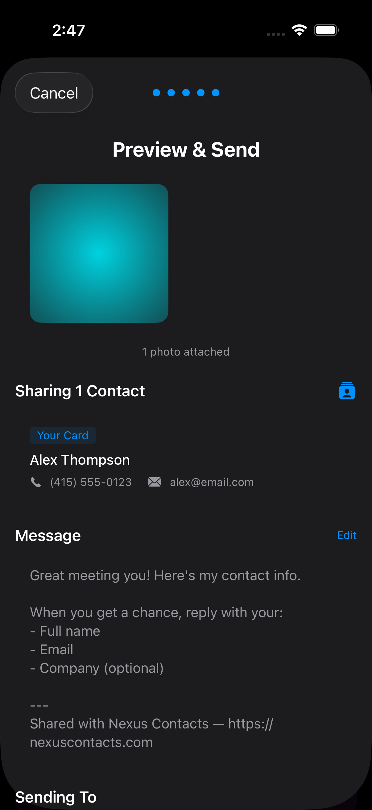 Preview screen showing photo, card, and recipient before sending