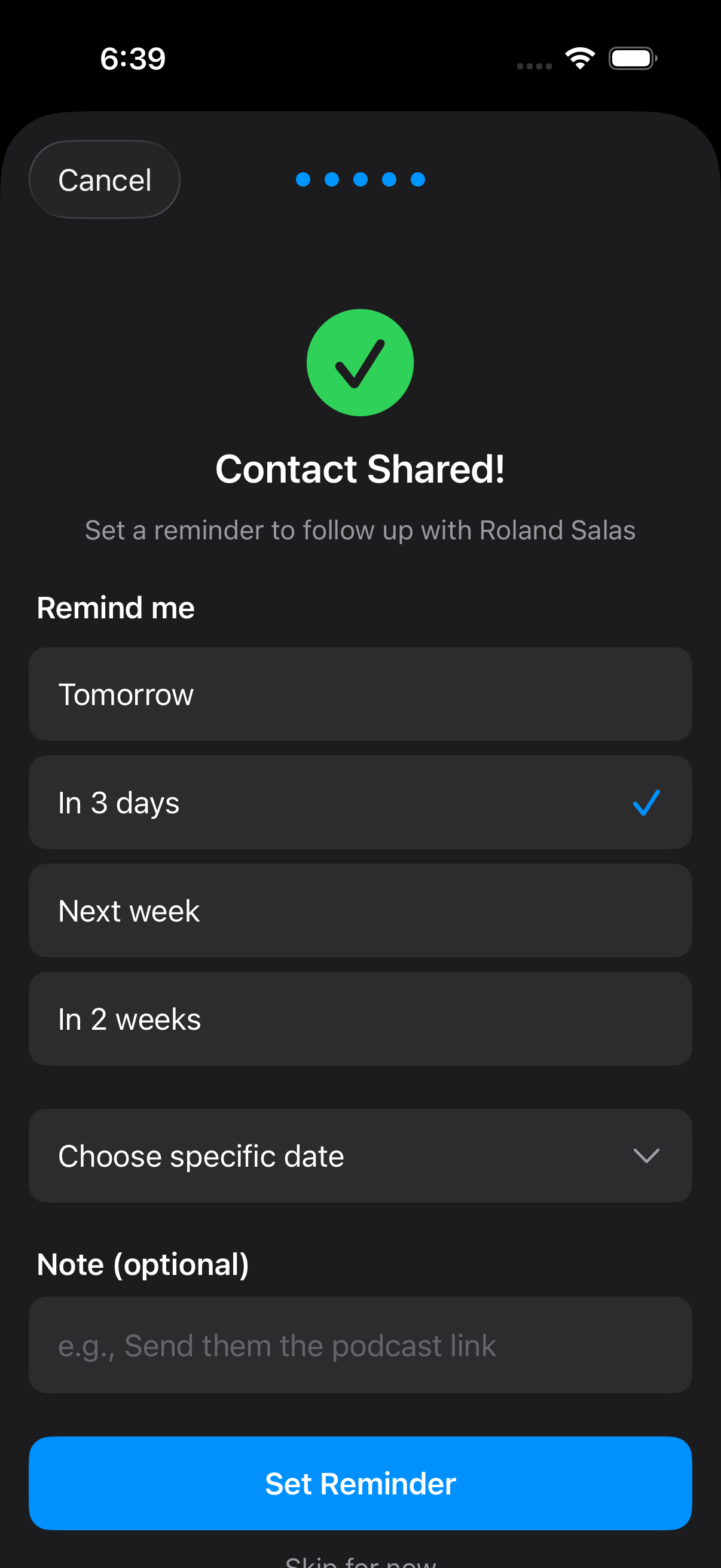 Follow-up reminder prompt after sharing
