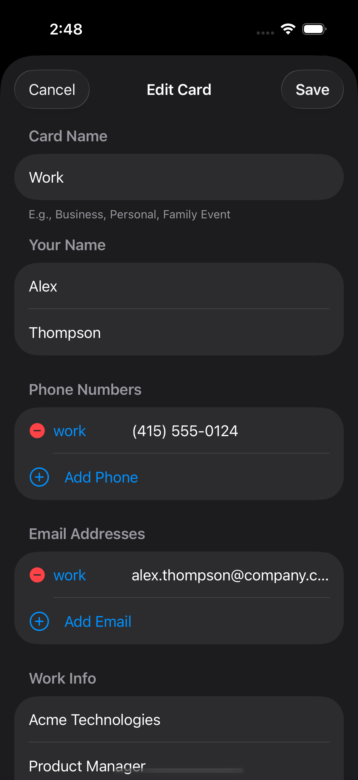 Share card editor for customizing contact details