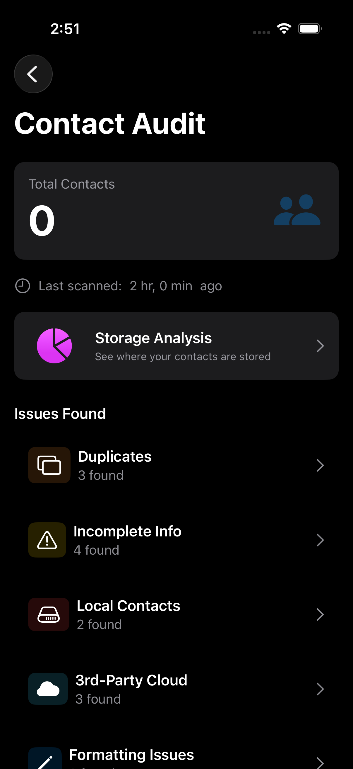 Contact quality audit overview showing issue counts for duplicates, incomplete, local, cloud, and formatting issues