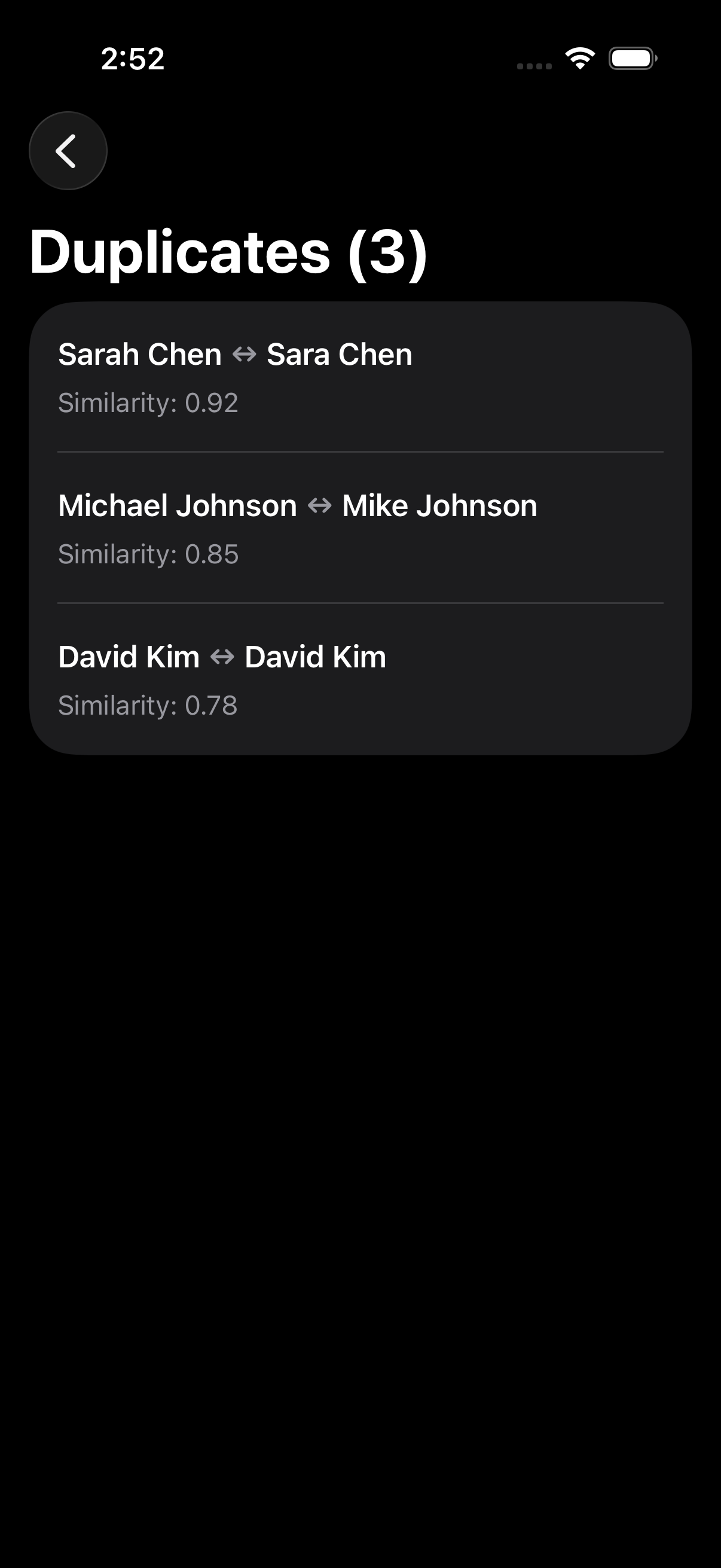 Duplicate contacts list showing similarity scores for detected pairs
