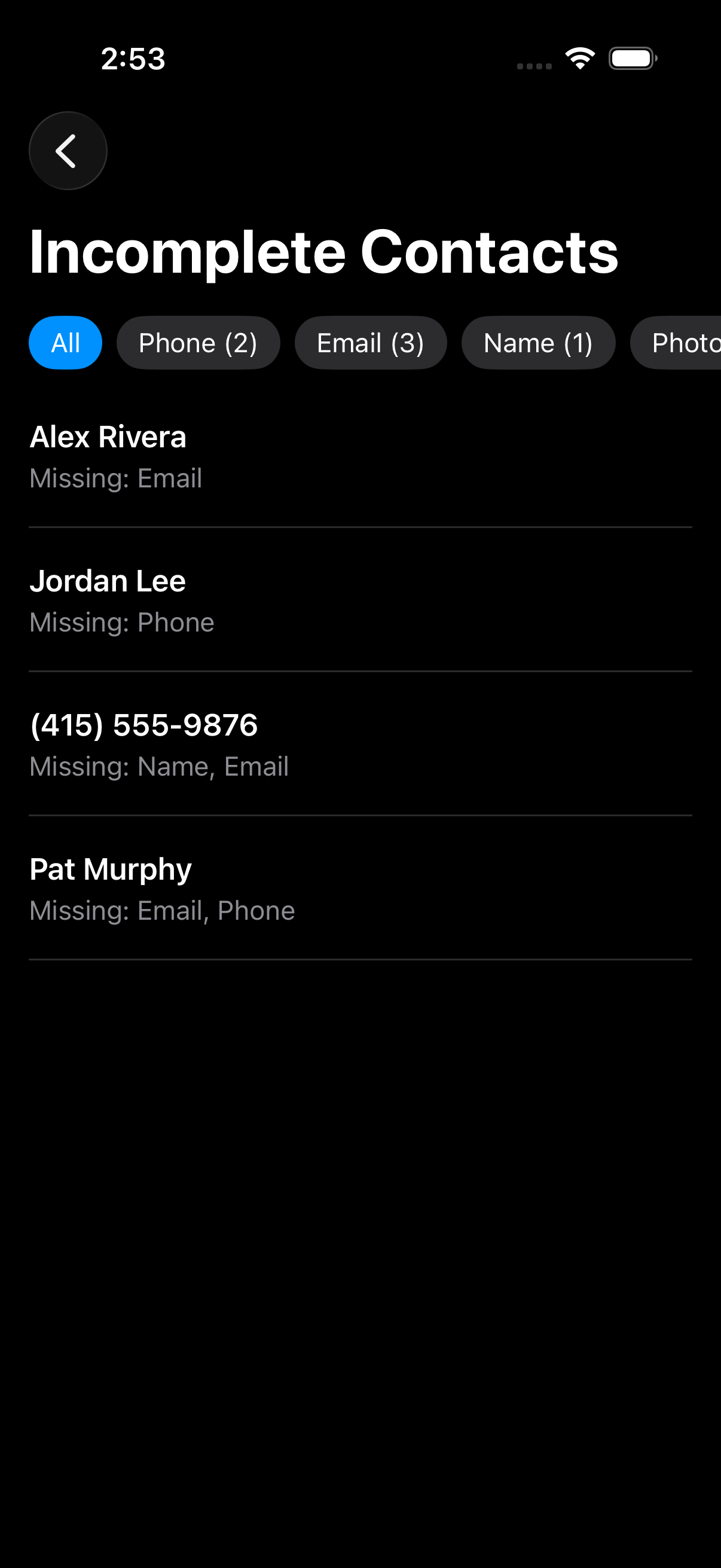 Incomplete contacts list showing missing phone, email, or name
