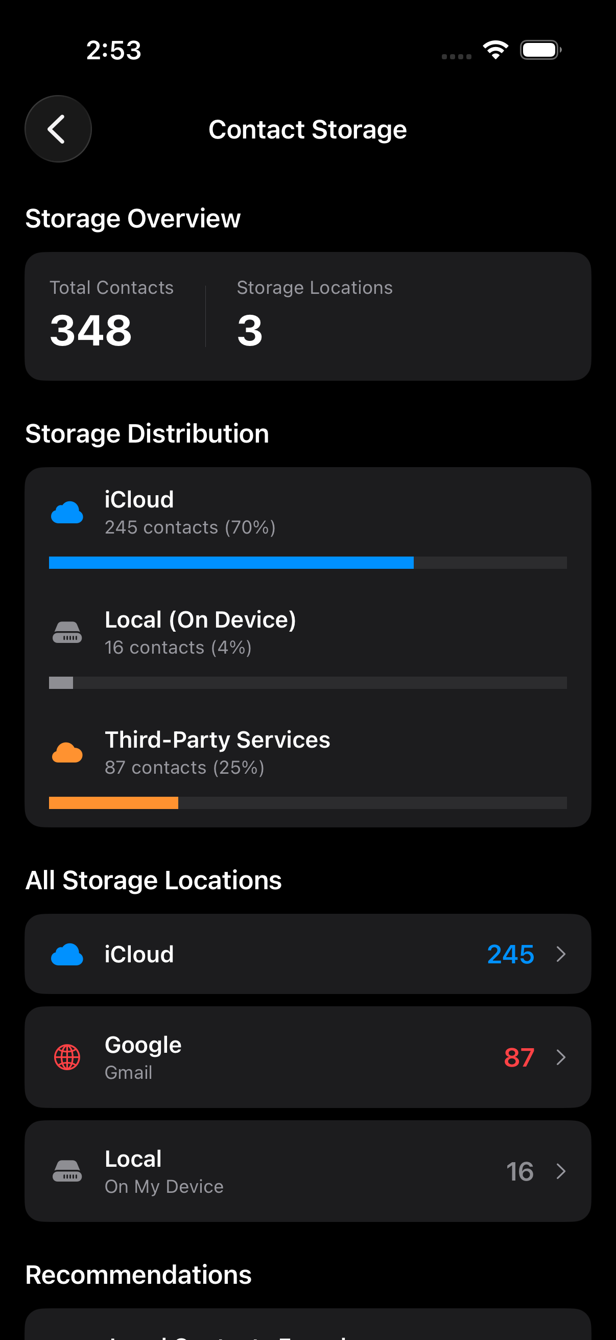 Contact storage breakdown showing distribution across iCloud, Google, and local accounts