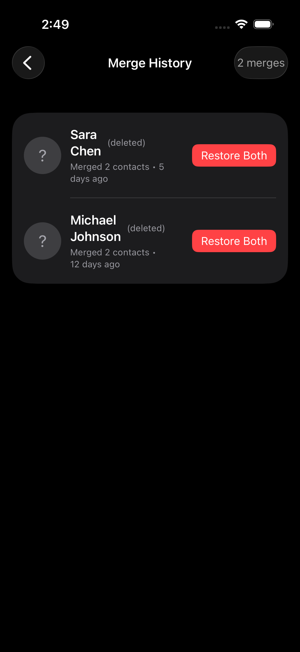 Merge history showing merged contact groups with deleted tags and restore buttons