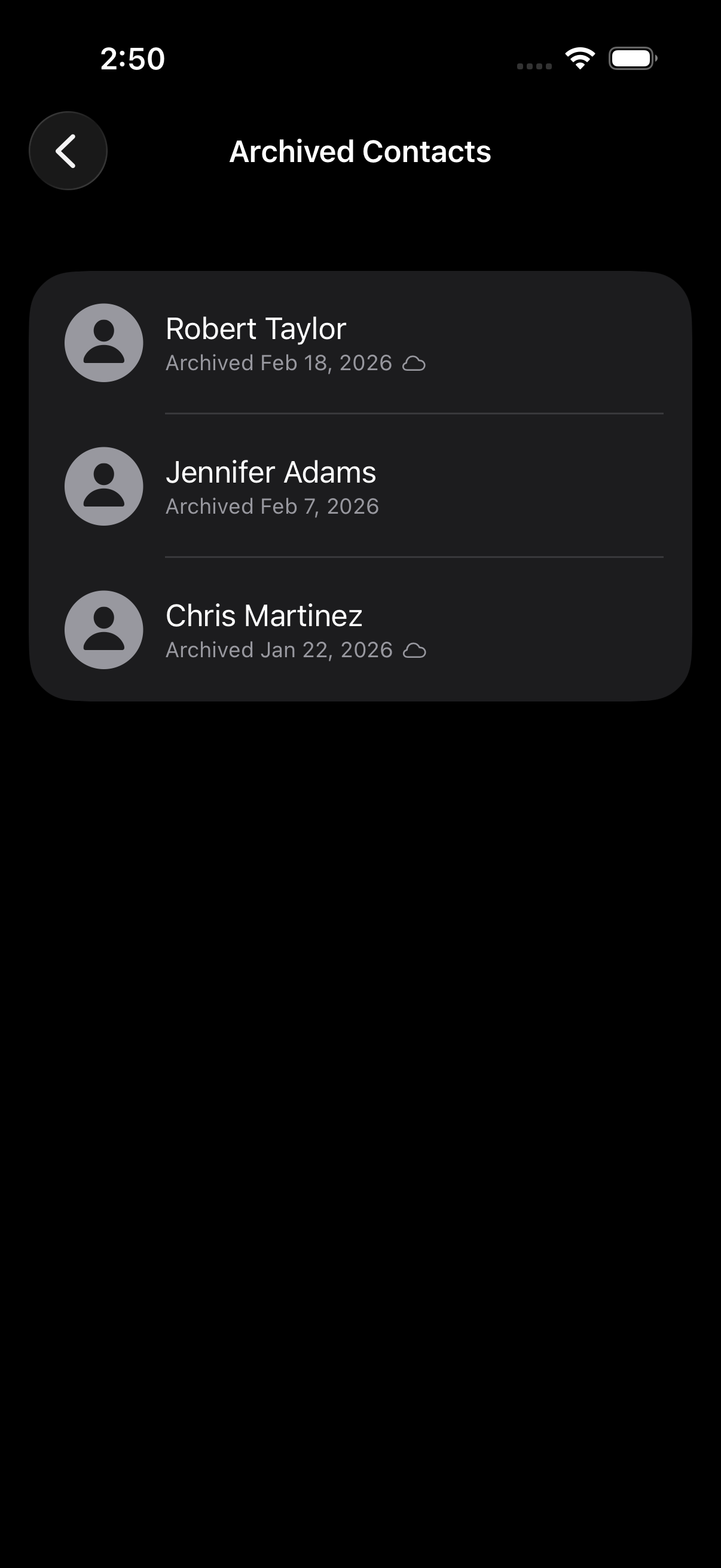 Archived contacts list with dates and cloud sync indicators