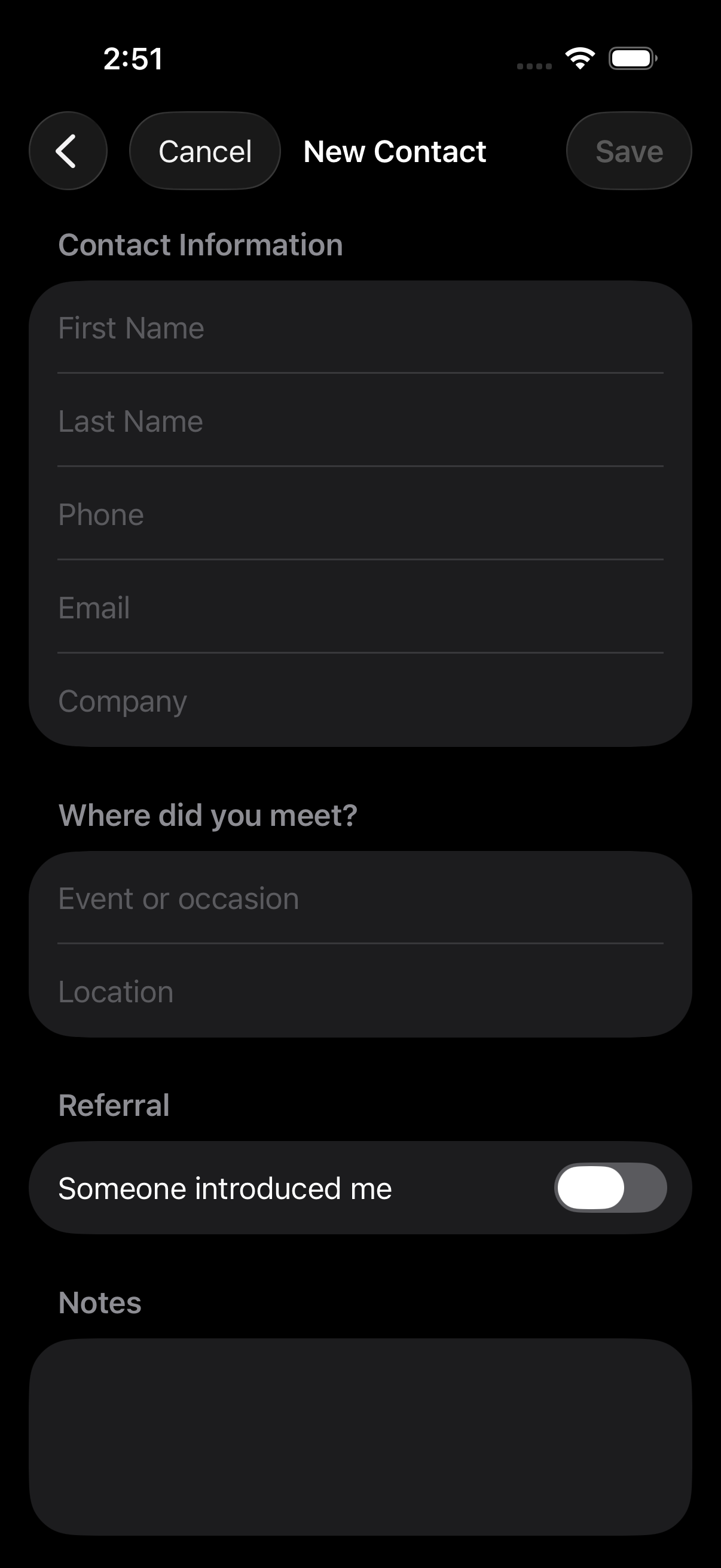 Manual contact creation form