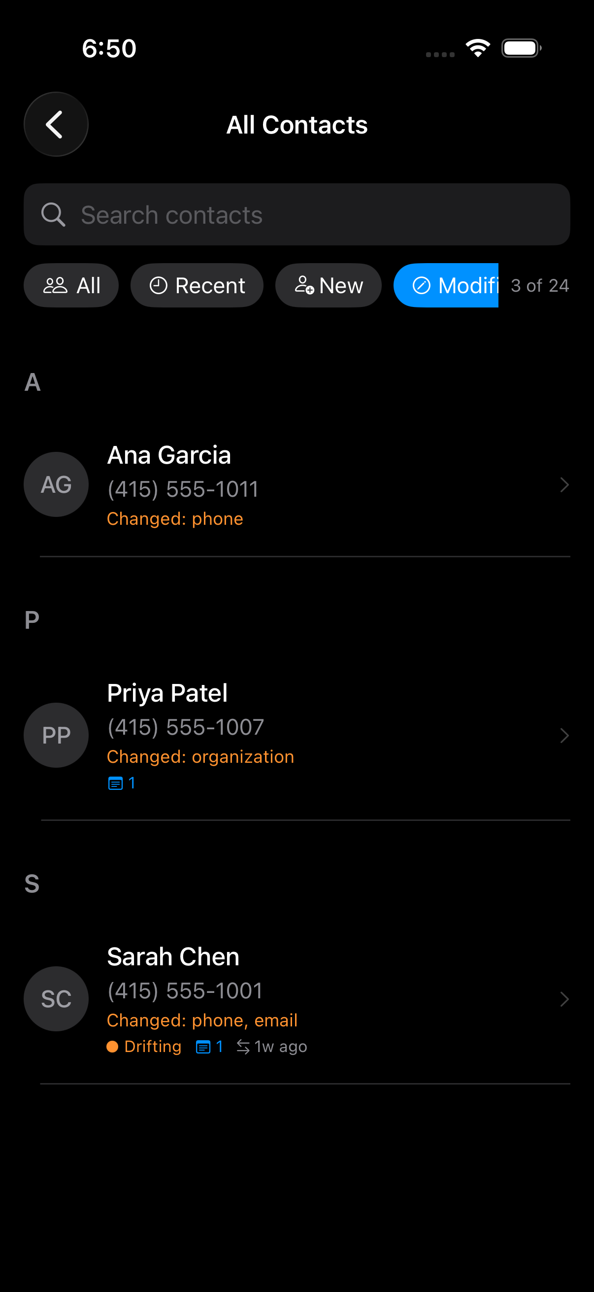 Recently modified contacts timeline