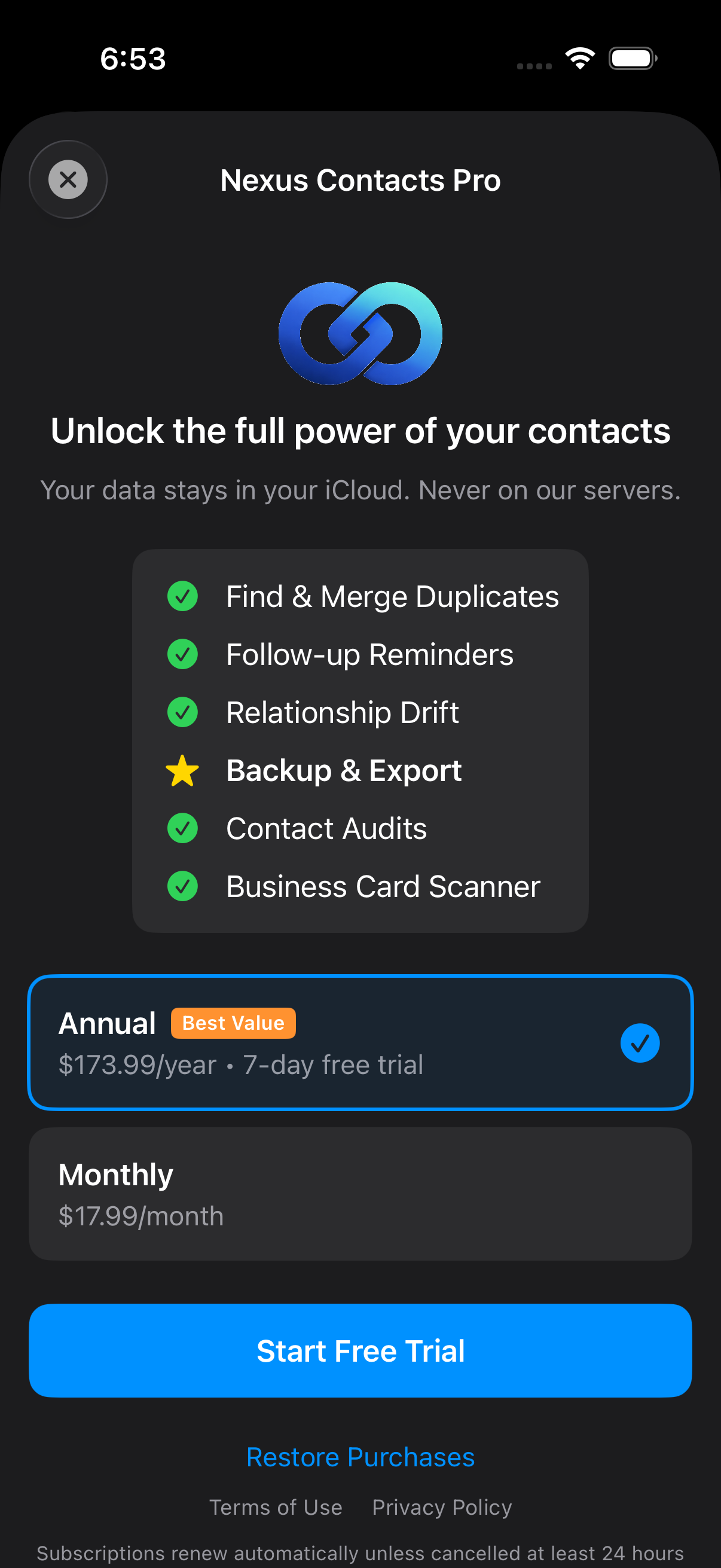 Nexus Contacts Pro upgrade — unlock merge, watch, and more