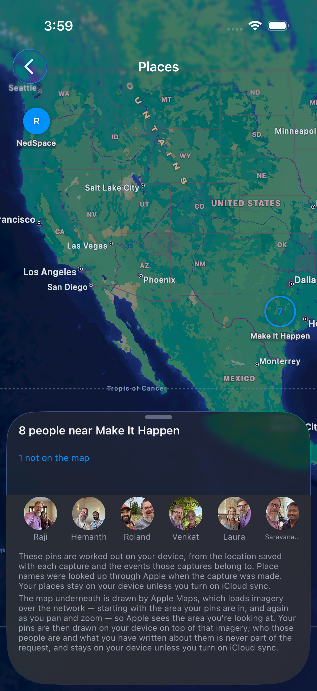 Everyone you've met, on a map. One pin per place, however many people.