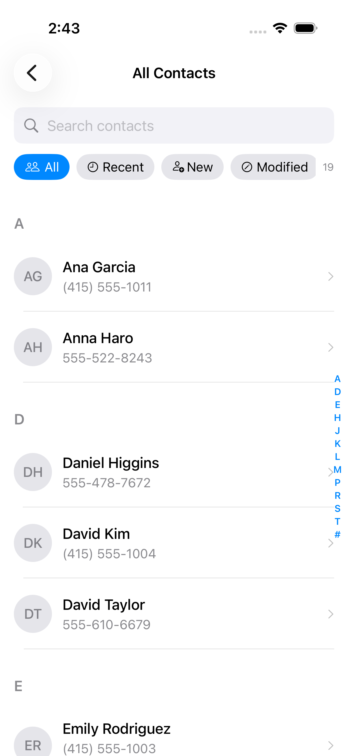 All contacts list with search bar and filter chips