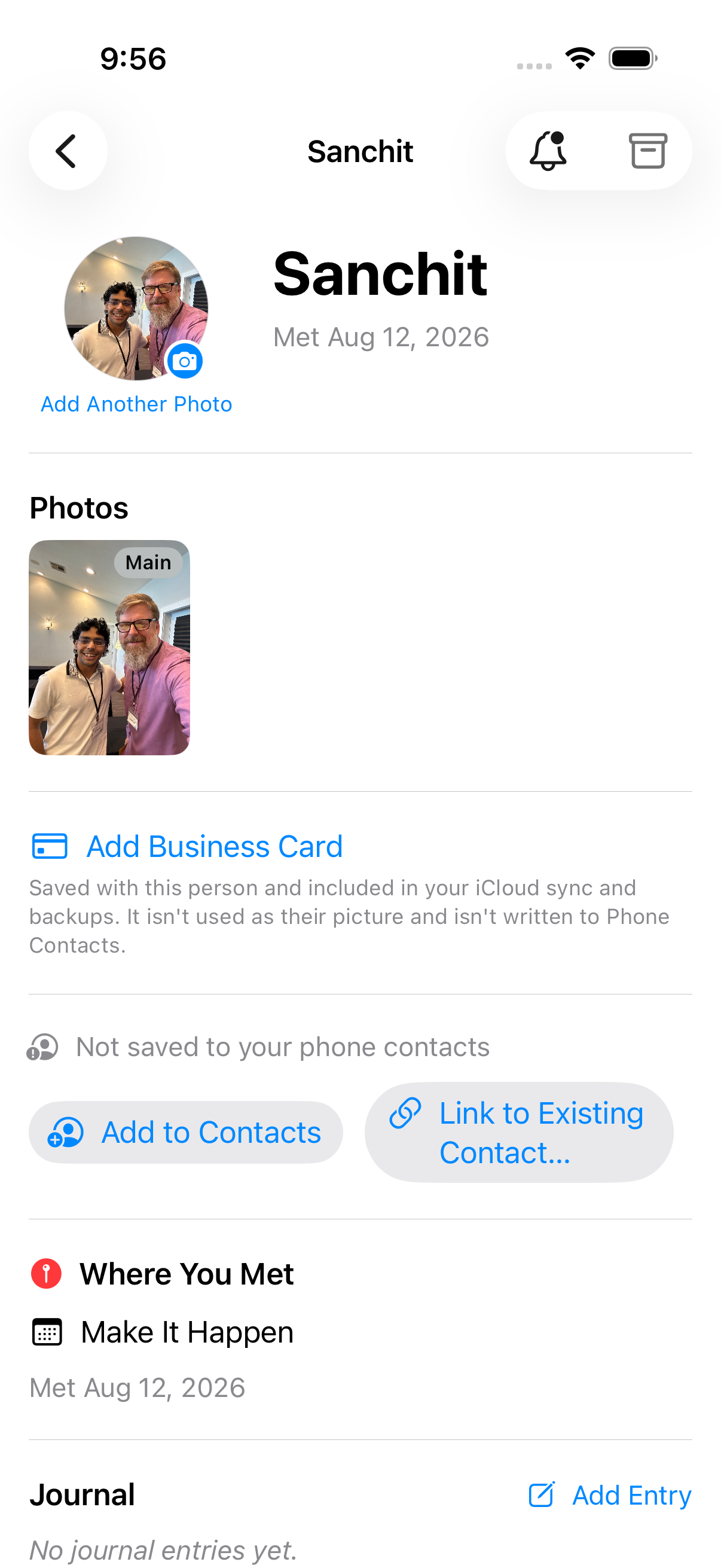 One person's card: the photo of the two of you, where you met, and a note that they're not in your phone contacts.