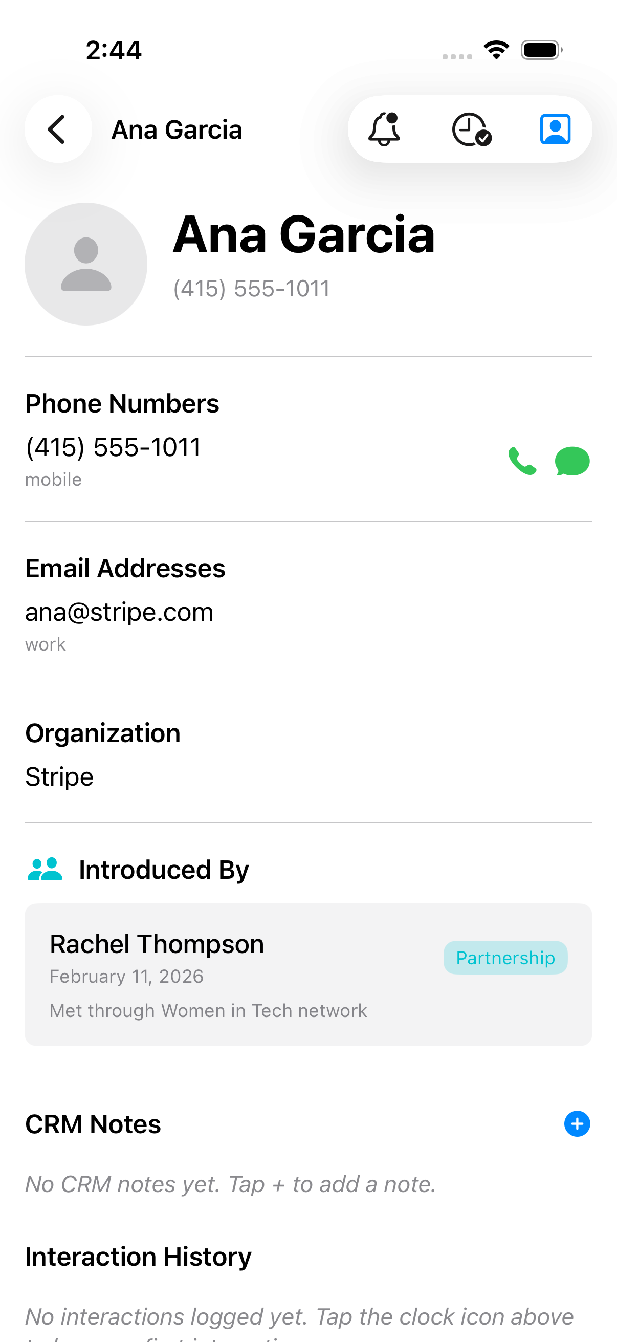 Contact detail view showing phone, email, CRM notes, and interaction history