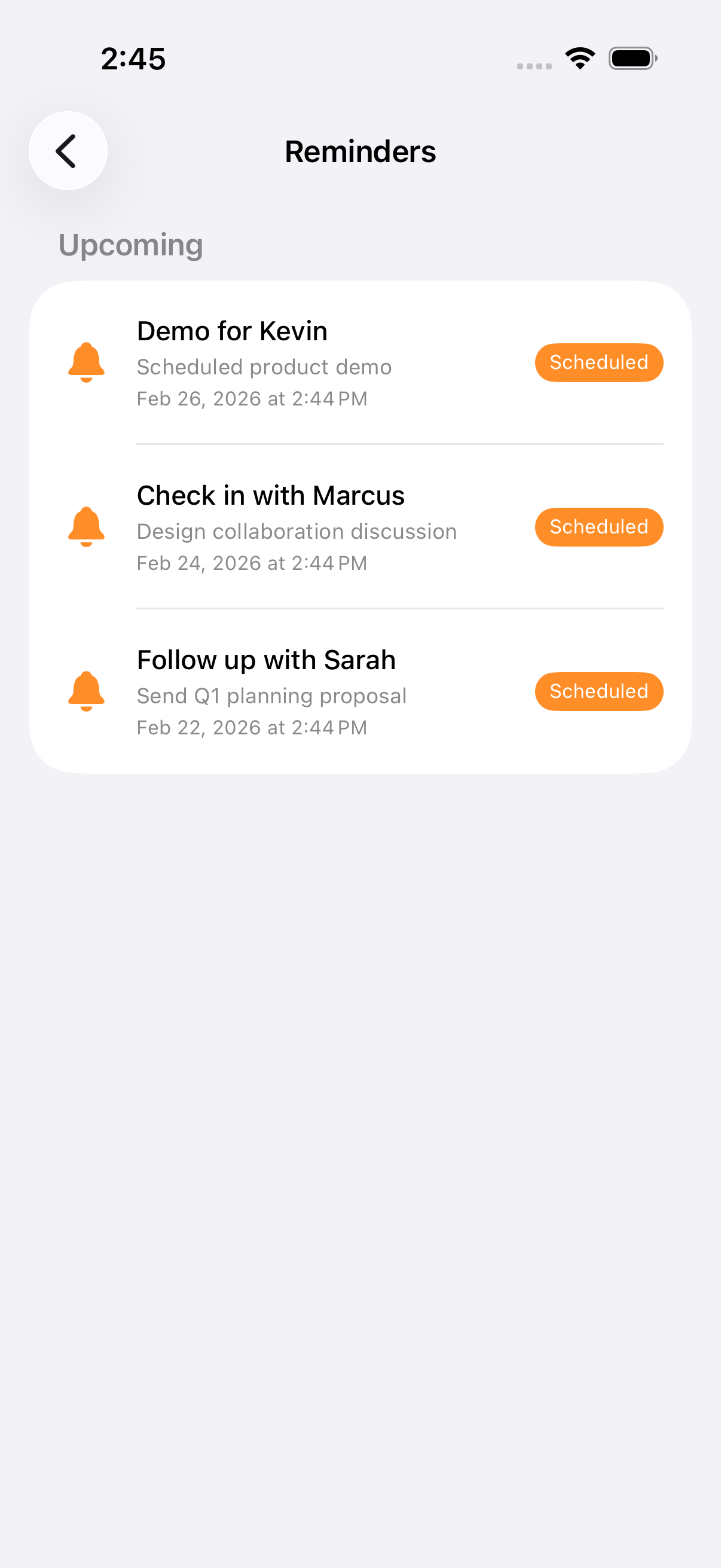 Reminders list with scheduled follow-ups