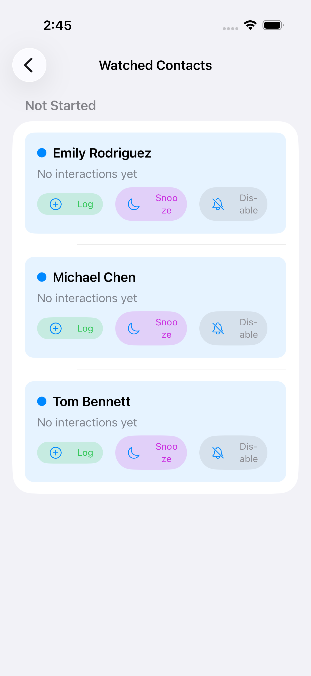 Watched contacts showing relationship health and drift detection