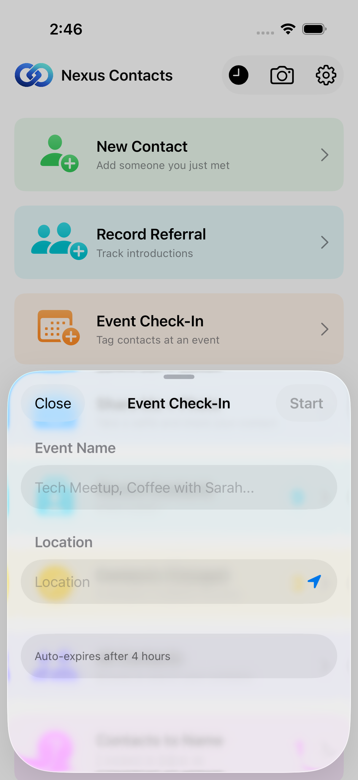Event check-in sheet with calendar event suggestions