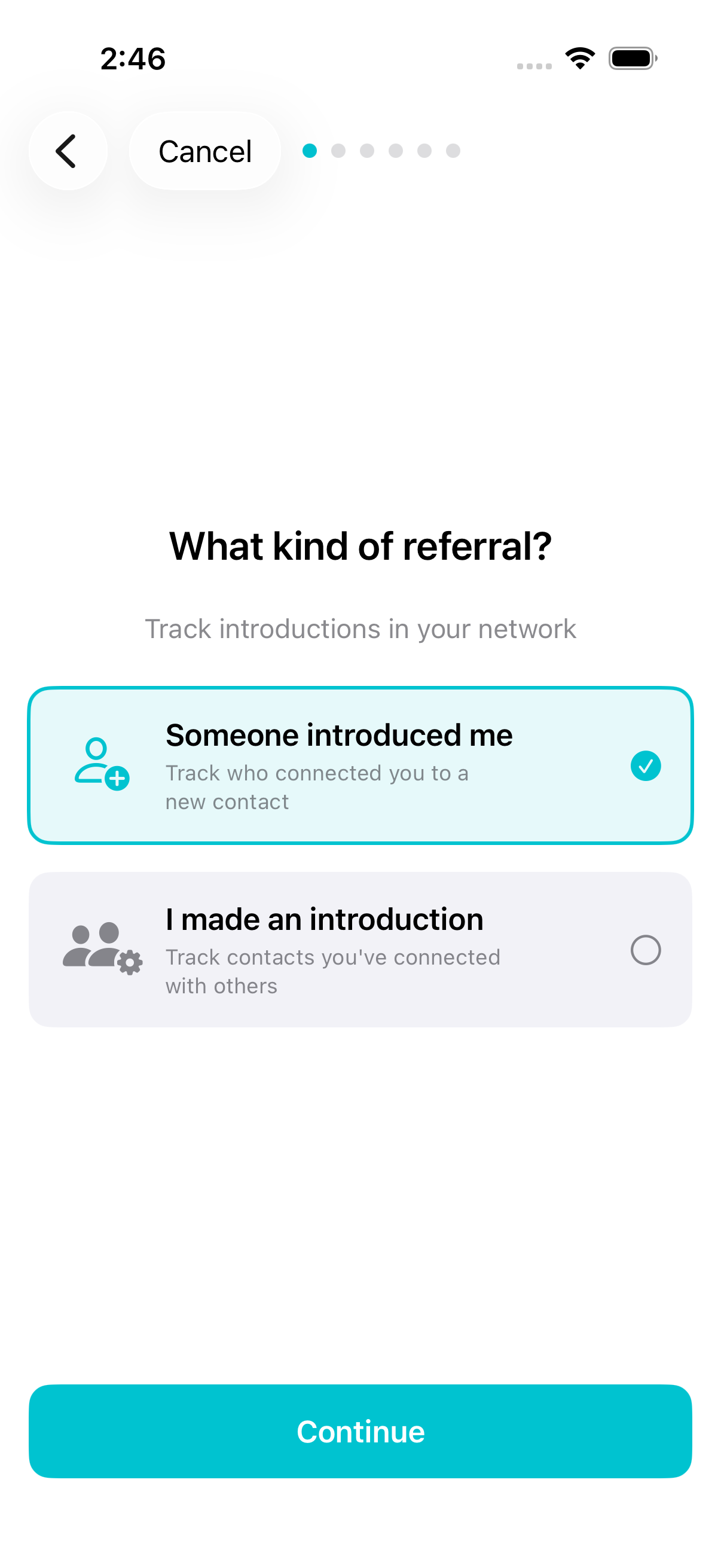 Choose referral direction — someone introduced me or I made an introduction