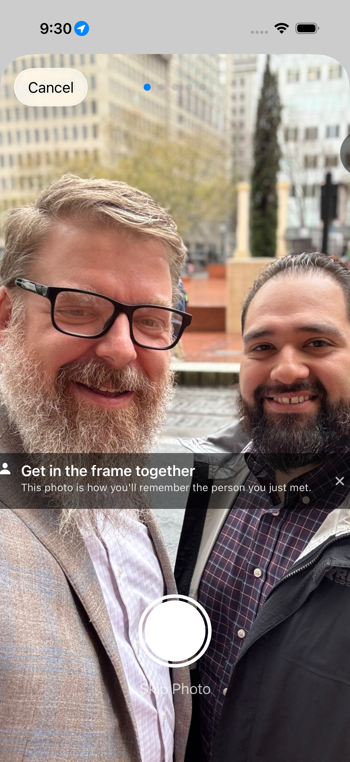 The camera, open for a photo with the person you just met.