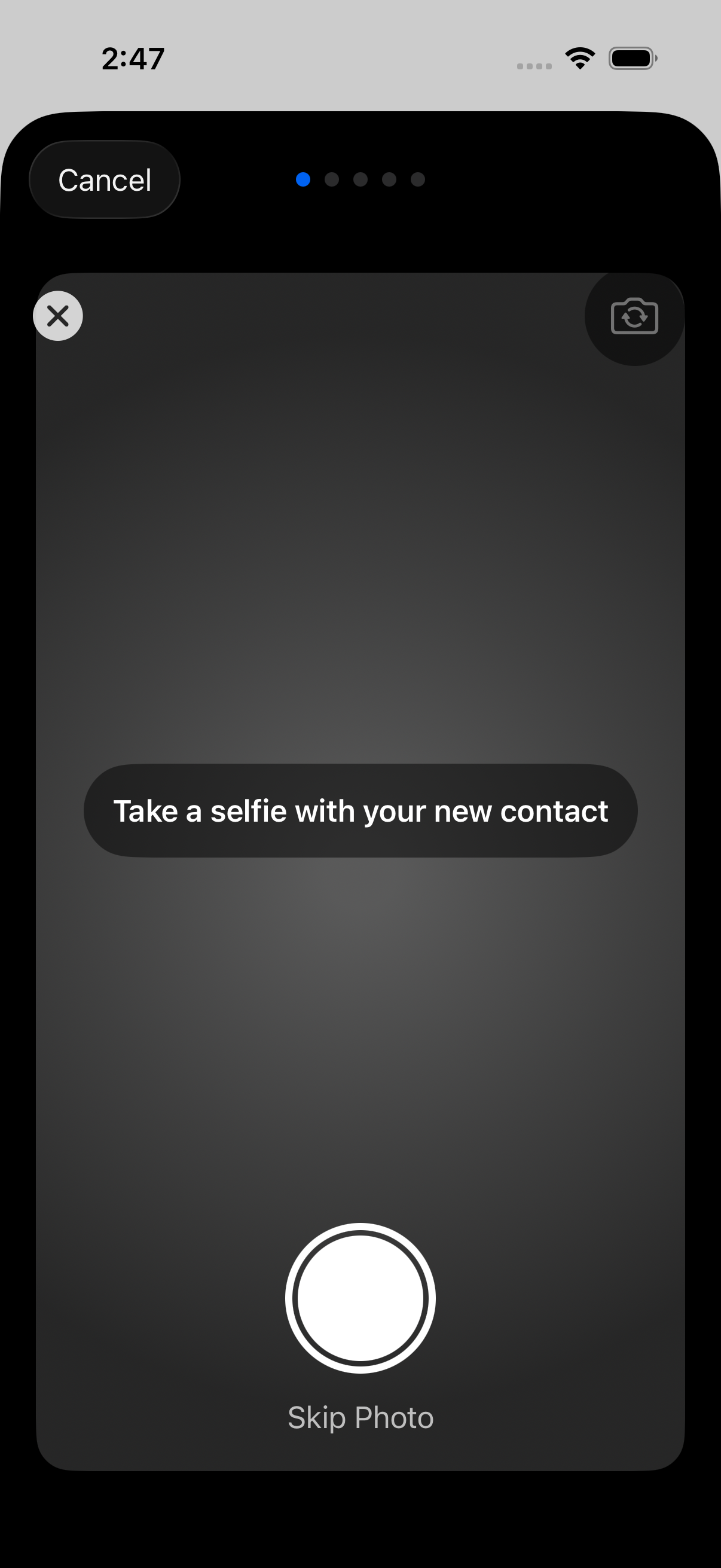 Camera viewfinder for capturing a selfie with your new contact