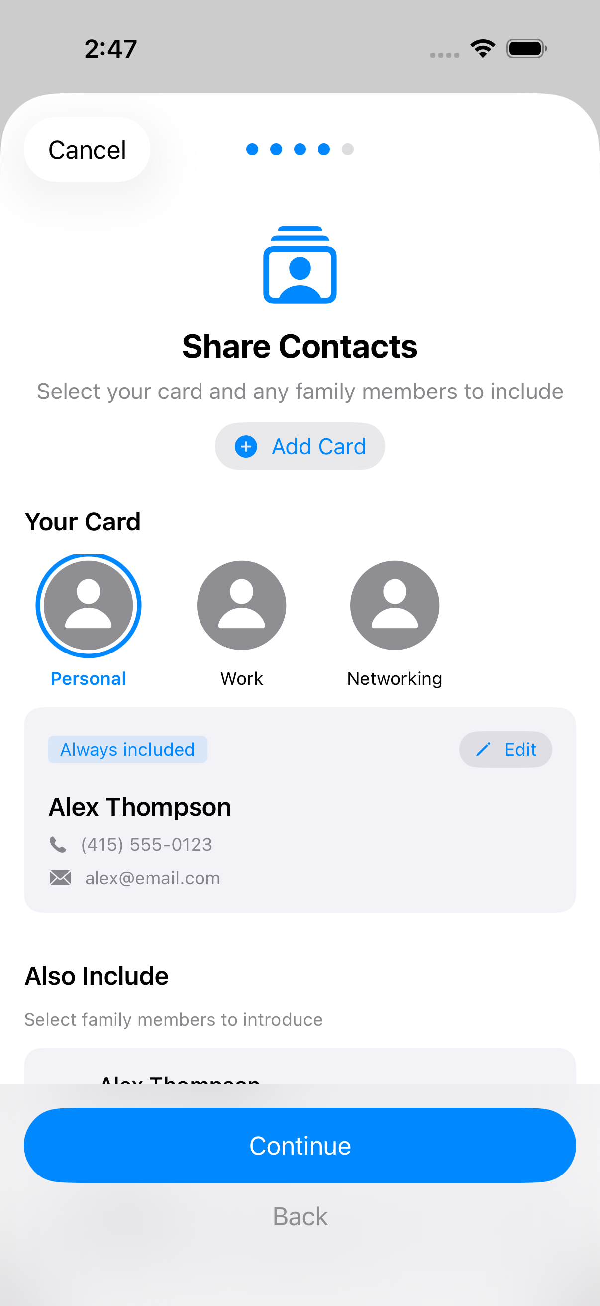 Selecting which share card persona to send
