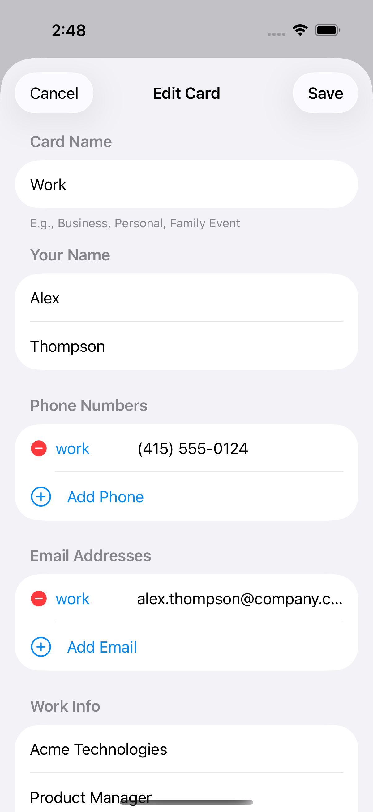 Share card editor for customizing contact details