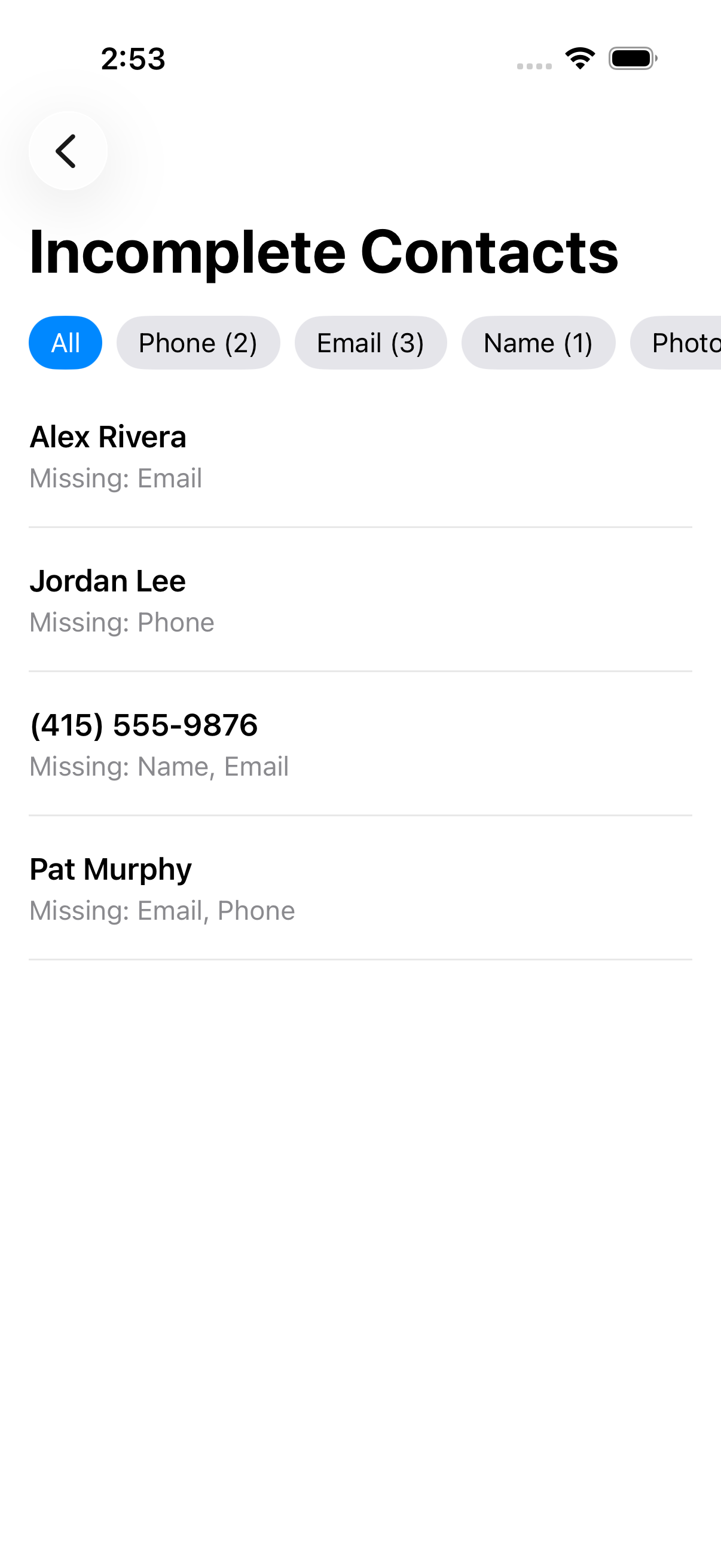 Incomplete contacts list showing missing phone, email, or name