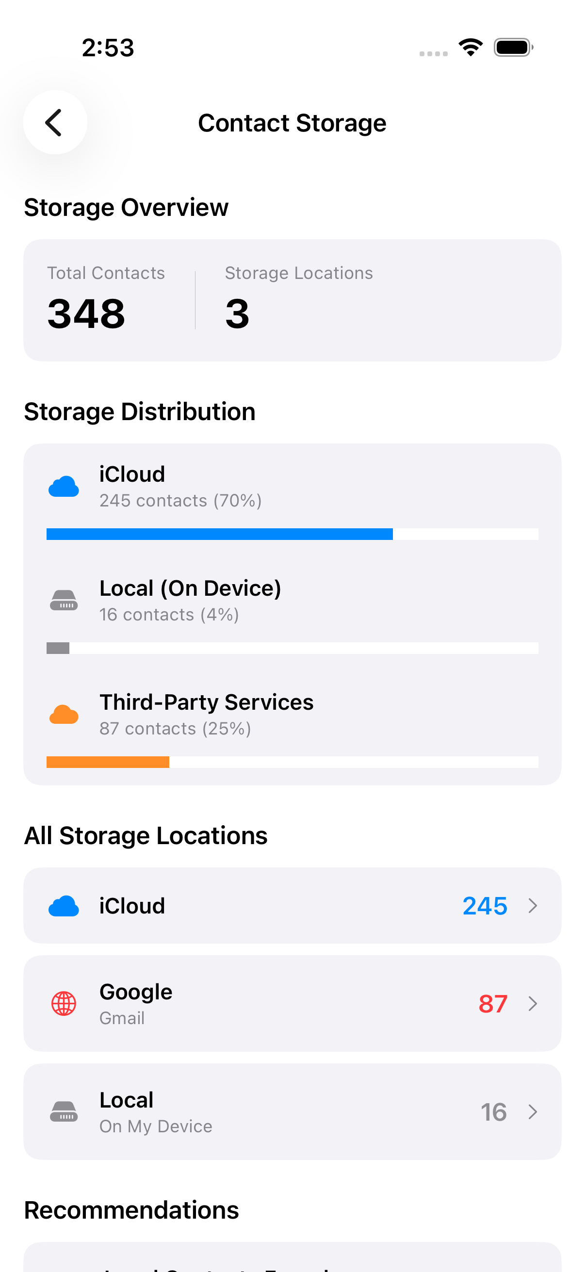 Contact storage breakdown showing distribution across iCloud, Google, and local accounts