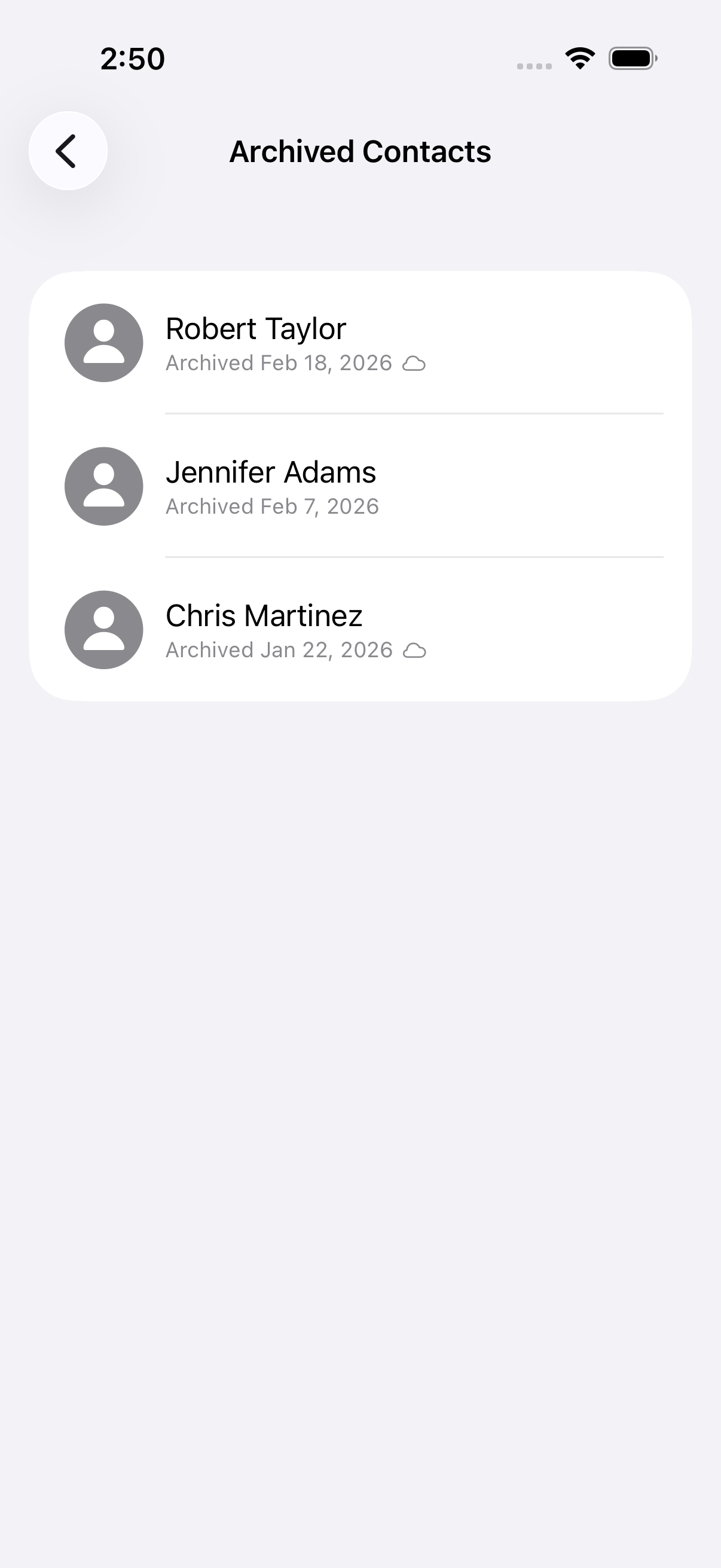 Archived contacts list with dates and cloud sync indicators