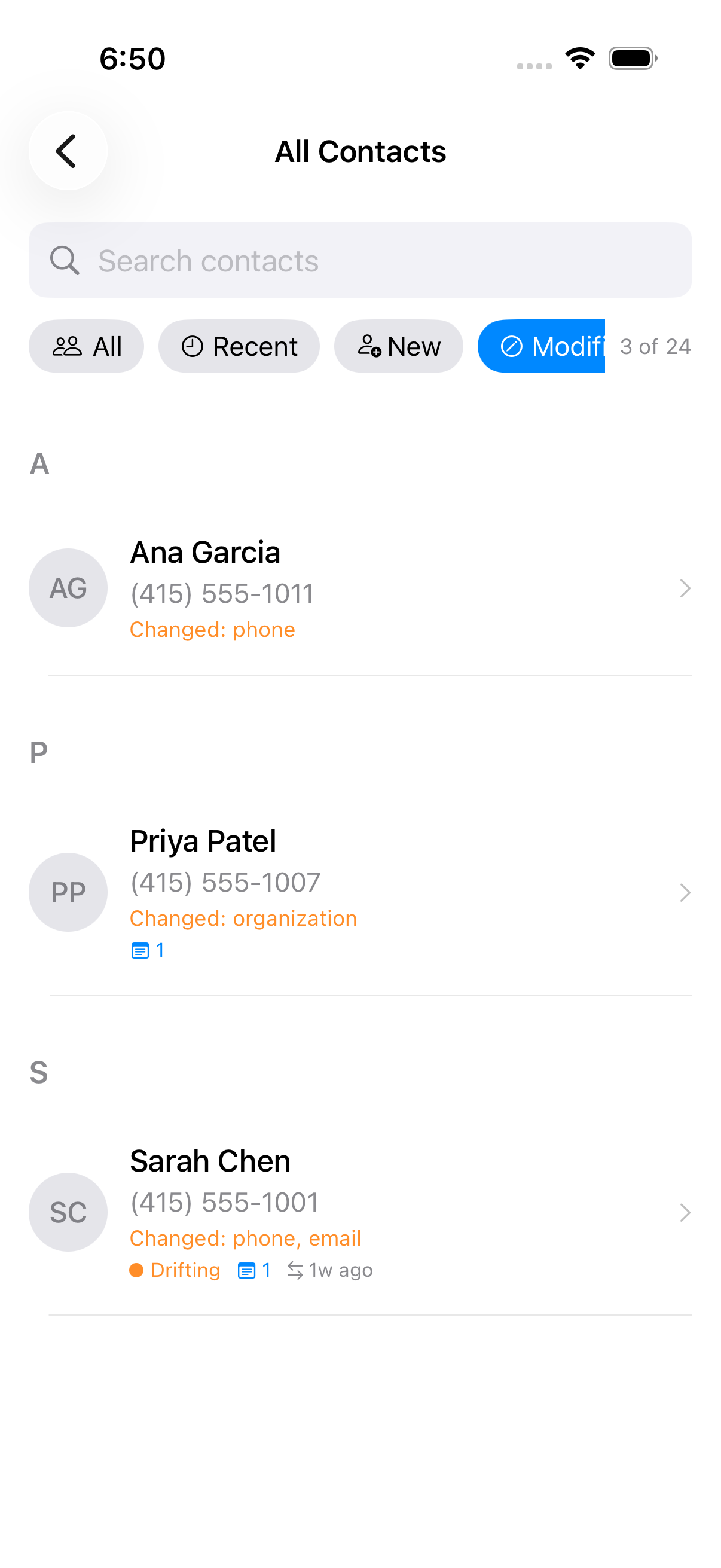 Recently modified contacts timeline
