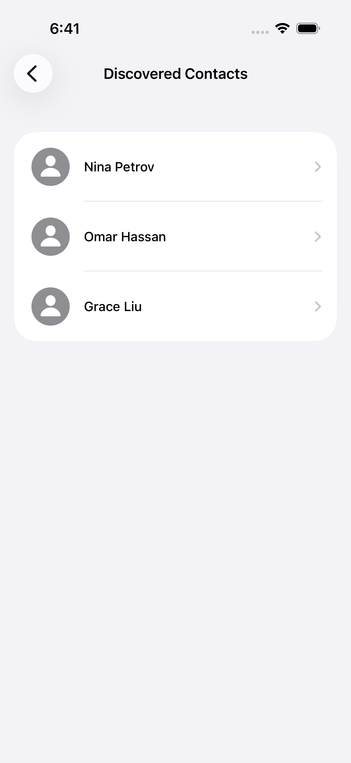 Discovered contacts — people Nexus noticed in your address book, kept separate from people you've met