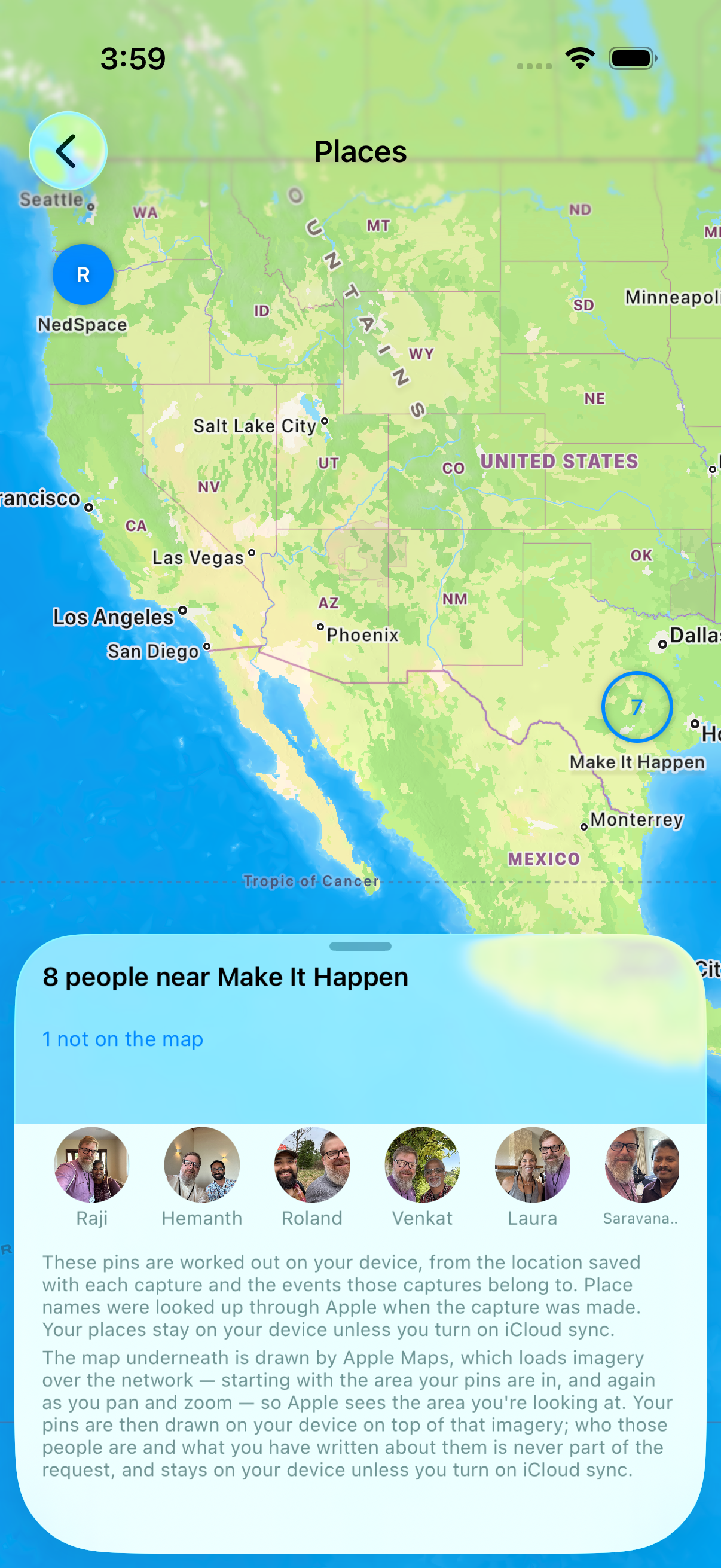 Everyone you've met, on a map. One pin per place, however many people.