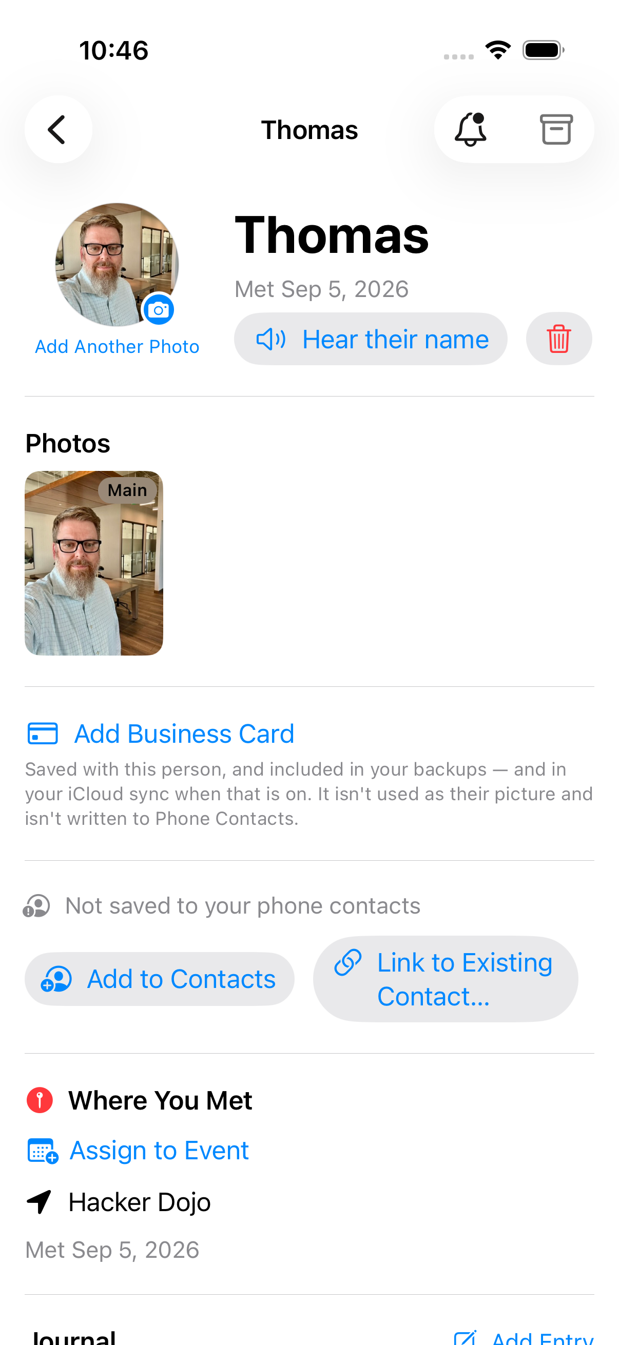 A person's page with Hear their name beside the photo, and a note that the clip stays in your backups and iCloud sync.