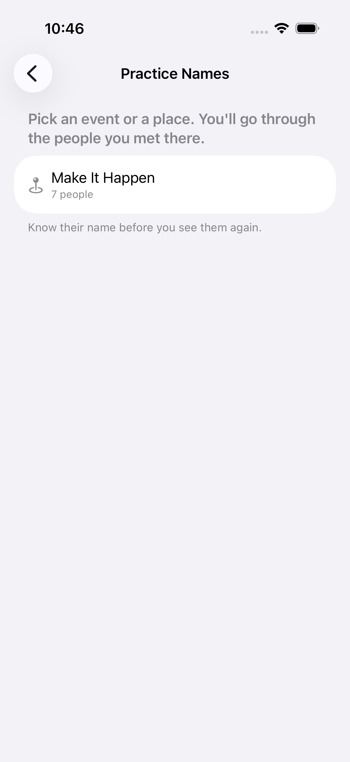 The Practice Names picker, listing one event with the number of people met there.