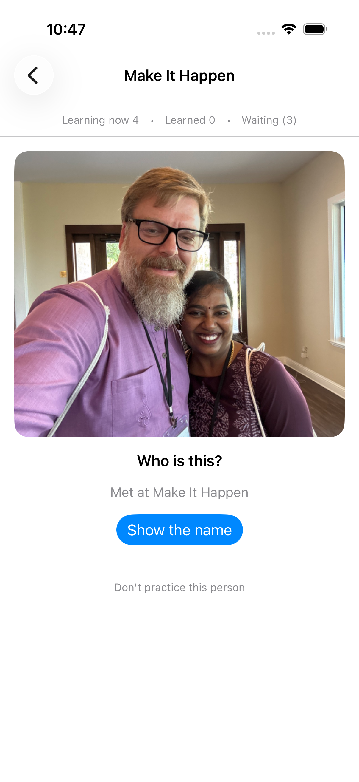 A practice card asking Who is this? over a face, with where they were met and a running count of names learning, learned and waiting.
