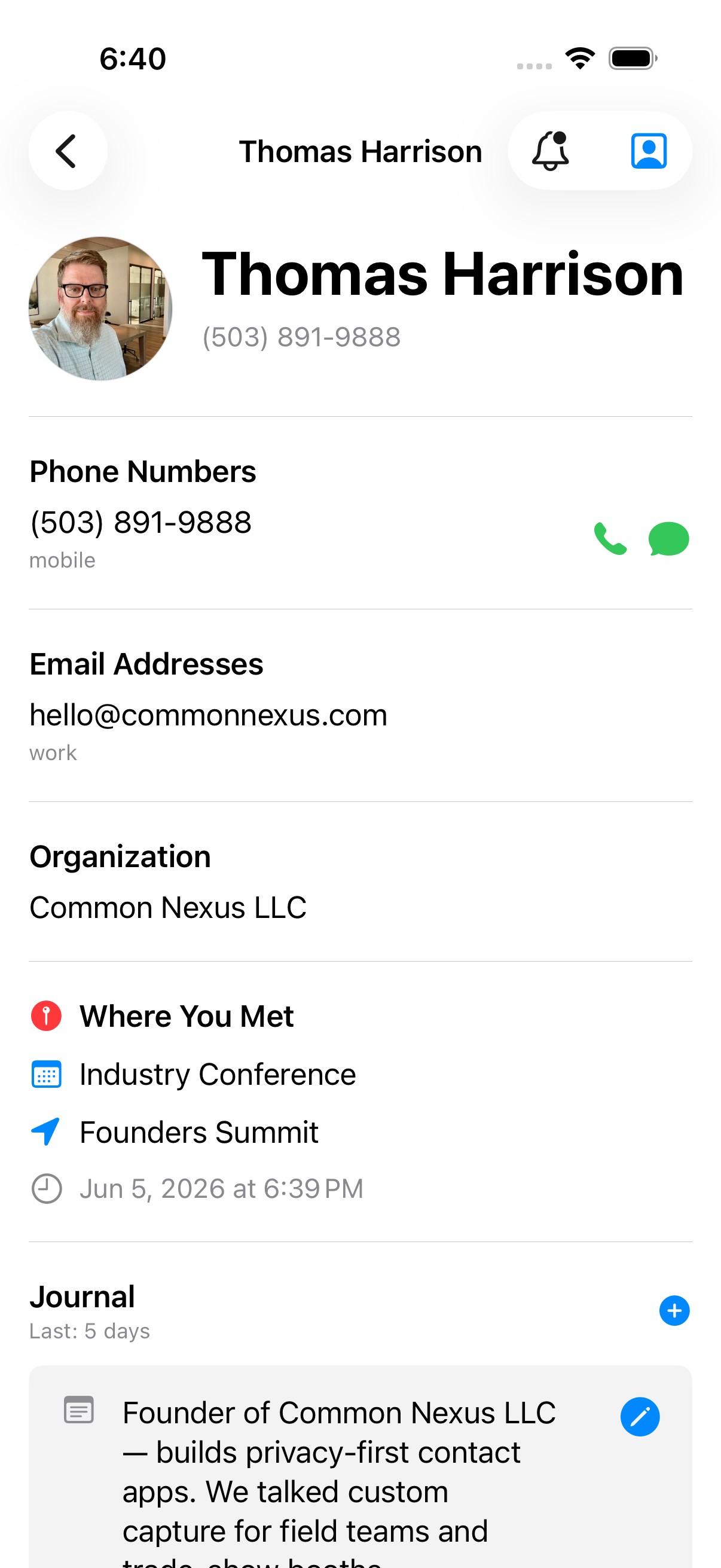 A captured contact in Nexus Contacts — photo, company, event context, and notes