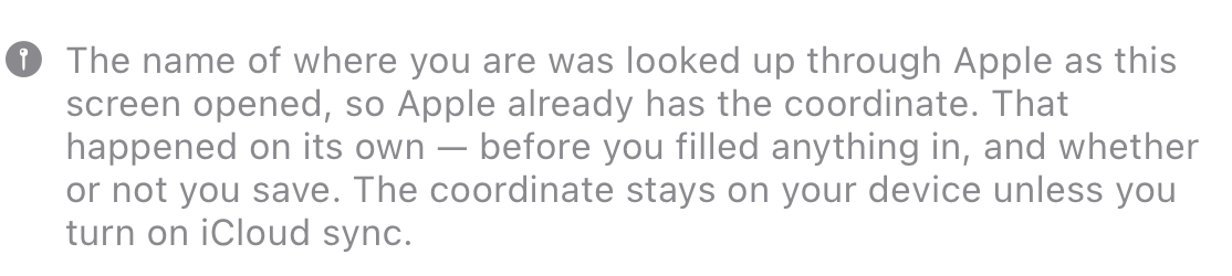 The disclosure footnote on the Nexus Contacts referral screen, shown when a coordinate has been sent to Apple